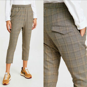 NEW! Nili Lotan 4 Delancy Plaid Wool Dress Pants Elastic Waist Cropped Gray Tan
